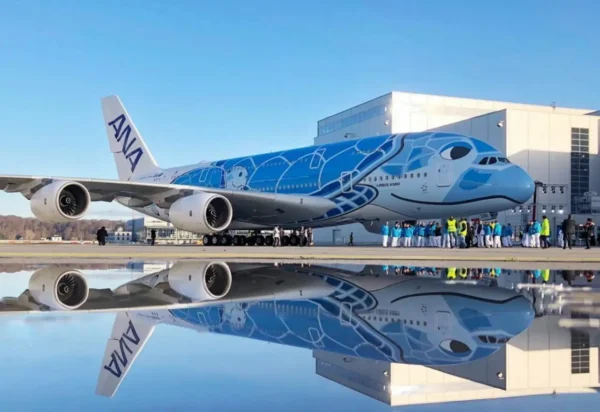 News 21 ANA Airbus A380 with sea turtle livery parked on the apron with its reflection visible on wet pavement.