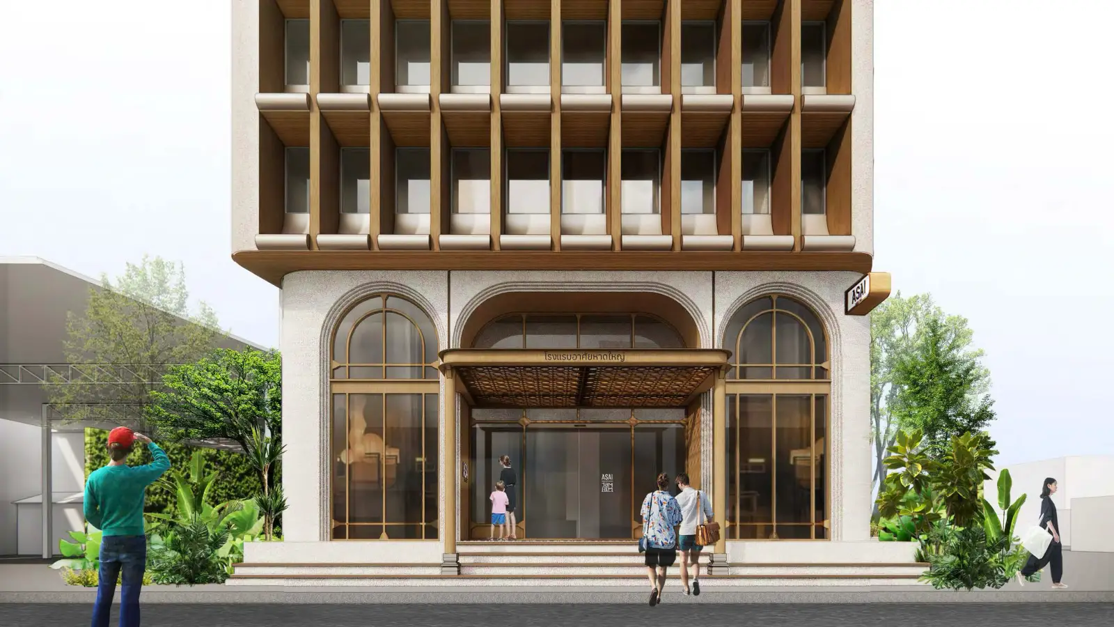 Architectural rendering of the future ASAI Hat Yai hotel entrance in Southern Thailand with guests arriving at the property.