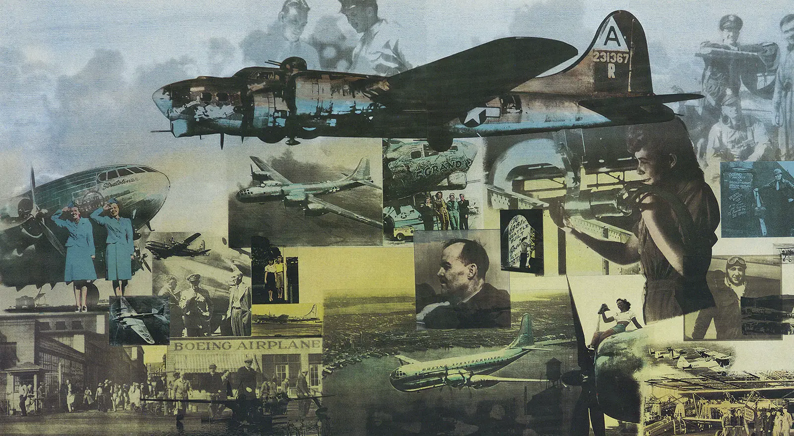 The Boeing Company Marks 110 Years 5 A commemorative Boeing anniversary collage features historic aircraft, wartime bombers, early airliners, factory workers and milestones from the company's aviation history.