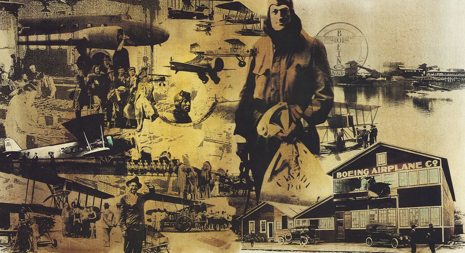 The Boeing Company Marks 110 Years 3 A vintage collage commemorates Boeing's early history, featuring founder William E. Boeing, pioneering aircraft, historic seaplanes and the company's original Seattle factory.