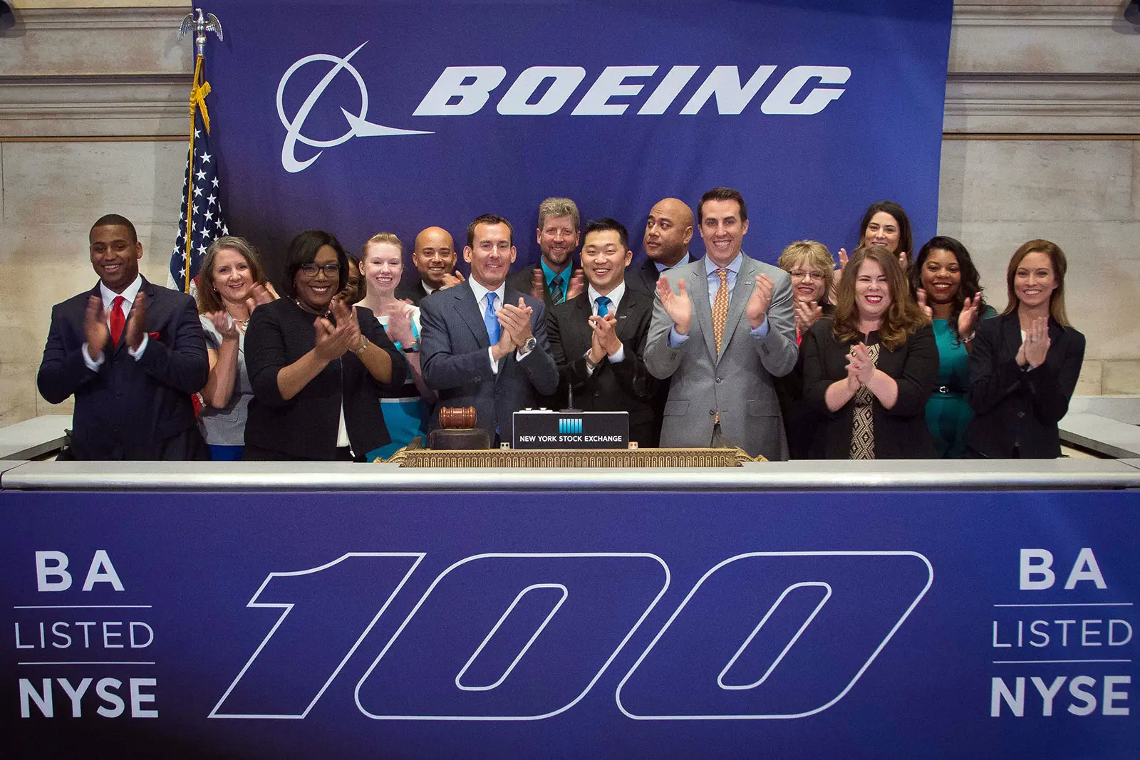 The Boeing Company Marks 110 Years 6 Boeing employees celebrate the company's 100th anniversary by ringing the opening bell at the New York Stock Exchange in 2016.