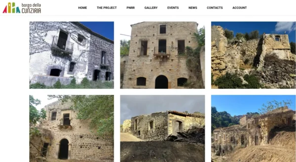 Gallery of restored and abandoned historic stone buildings in Borgo della Cunziria, Sicily, shown on a heritage project website.