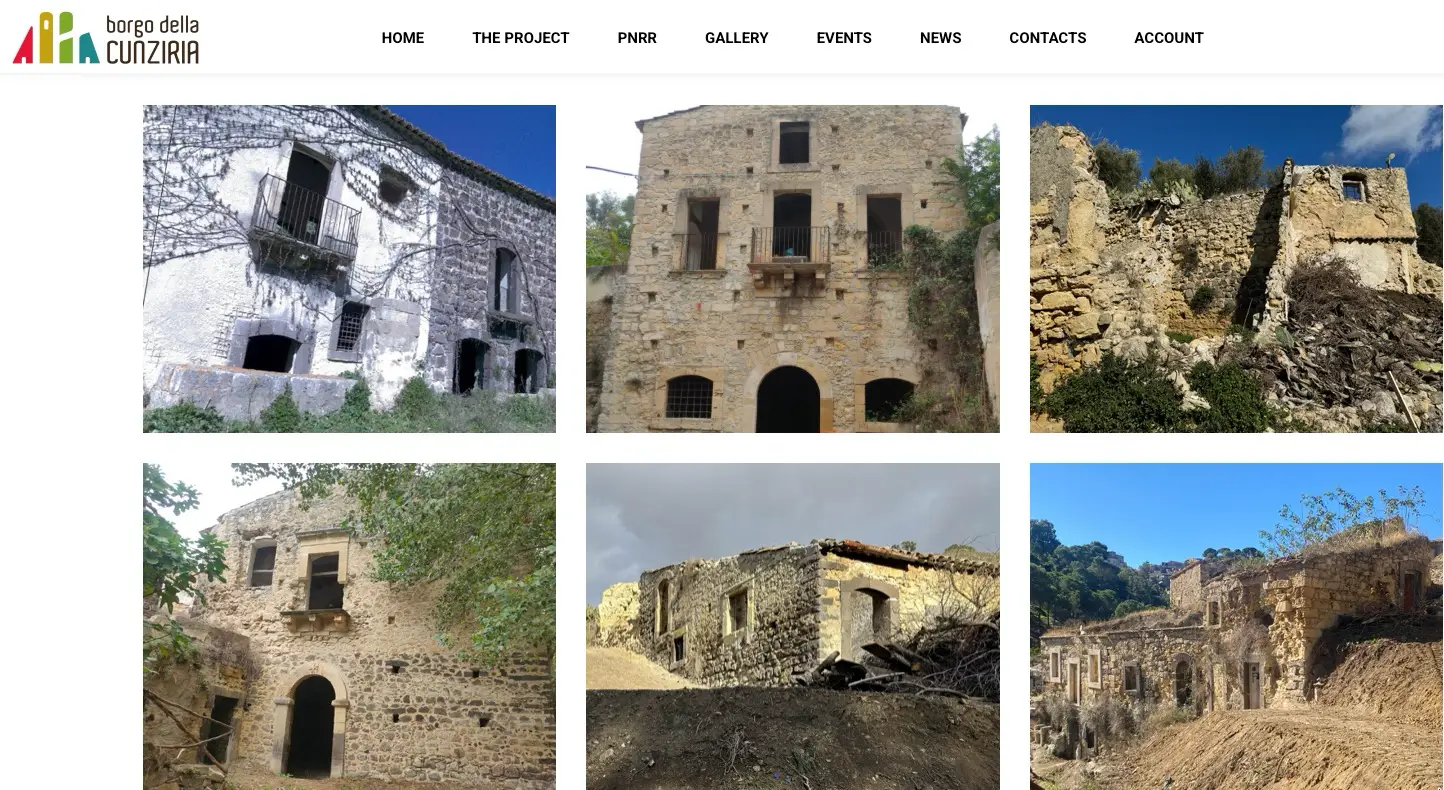 Sicily'S Restored Cunziria Borgo Reopens With 12 Buildings 4 Gallery of restored and abandoned historic stone buildings in Borgo della Cunziria, Sicily, shown on a heritage project website.