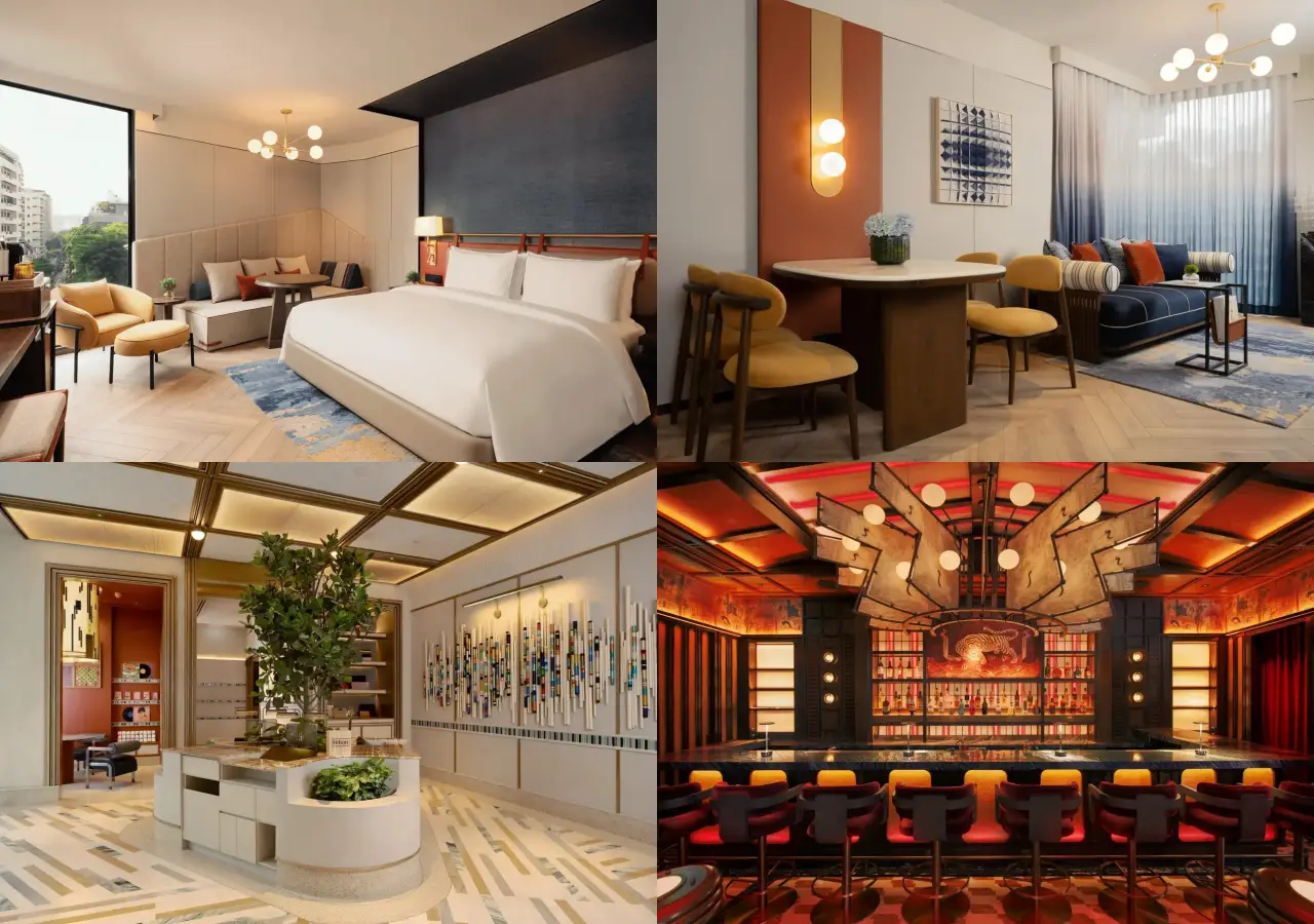 Hilton’s Canopy Brand To Open First Southeast Asia Hotel In Bangkok 3 Collage of Canopy by Hilton Bangkok interiors, including guest room, lobby and bar.