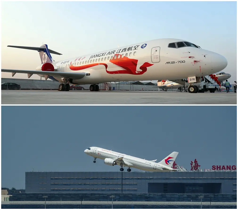 China'S C919 To Begin International Service From 12 August, Air Cambodia Buys Comac Planes 3 A Jiangxi Air COMAC ARJ21 regional jet is parked on the apron above, while a COMAC C919 passenger aircraft takes off from Shanghai below.