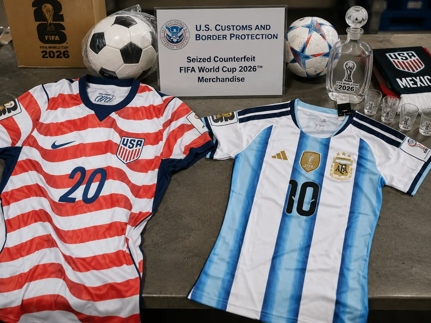 Counterfeit FIFA World Cup 2026 merchandise including fake USA and Argentina football jerseys displayed after a US Customs seizure.