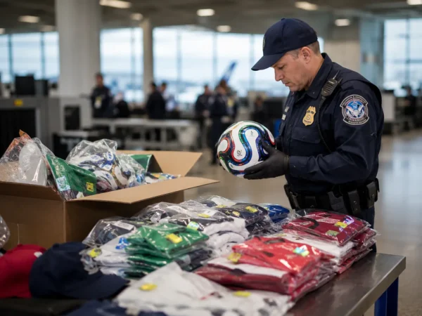 Home 3 Customs officer inspecting football merchandise at an airport security checkpoint
