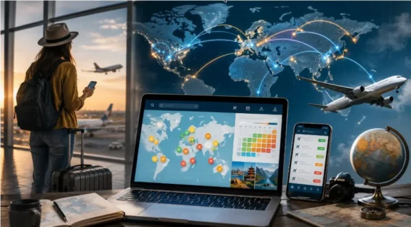 News 38 Traveler using digital trip planning tools with a world map, flight routes and mobile travel app at an airport.