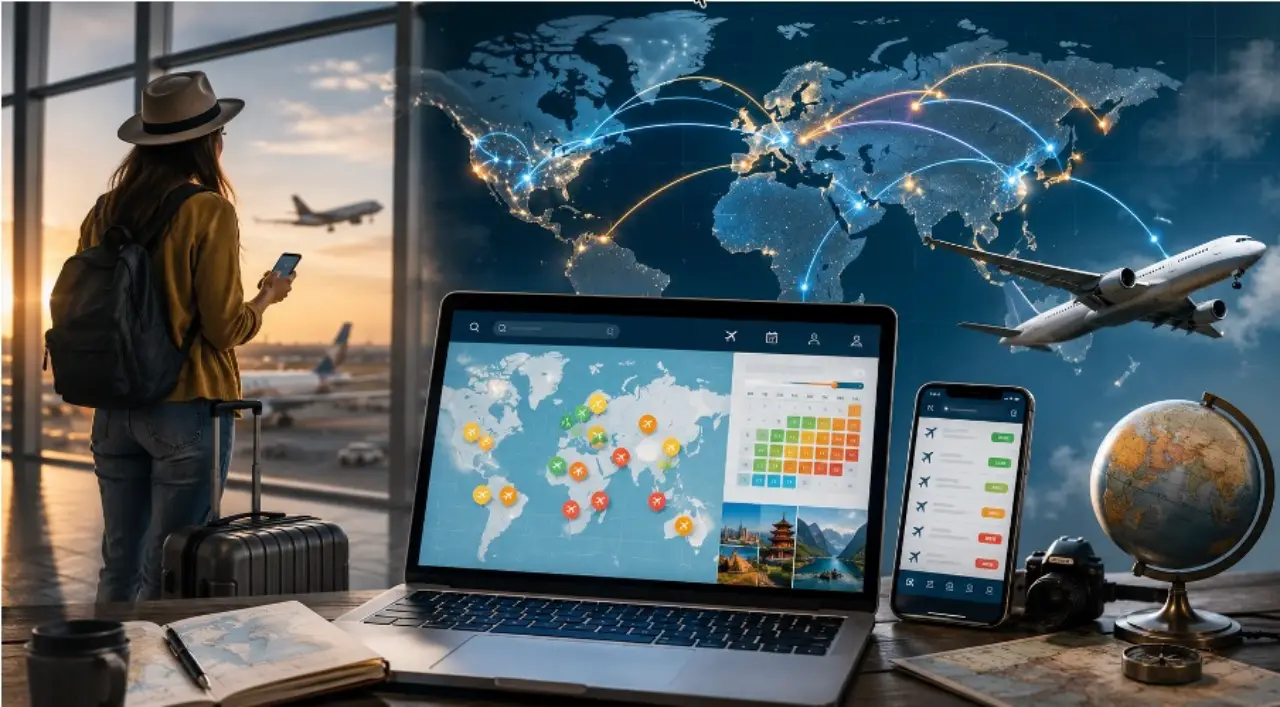 Traveler using digital trip planning tools with a world map, flight routes and mobile travel app at an airport.