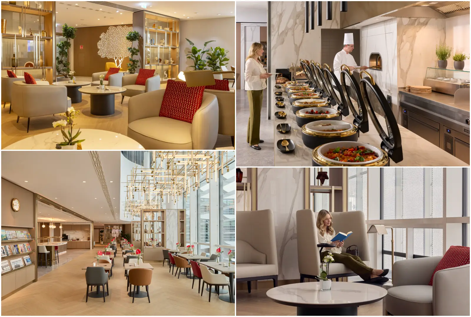 Emirates Debuts Next-Generation Lounge Concept Globally 3 Collage showing Emirates' next generation airport lounges featuring premium seating, live dining, spacious interiors and quiet relaxation areas.