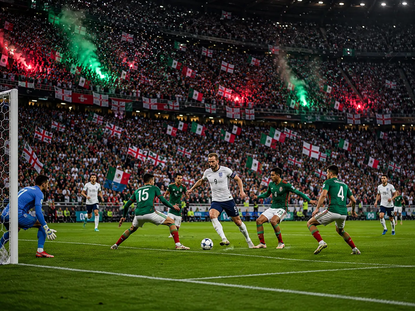 England striker Harry Kane dribbles the ball during a FIFA World Cup 2026 match against Mexico as players battle on the pitch in front of packed stands filled with England and Mexico supporters.