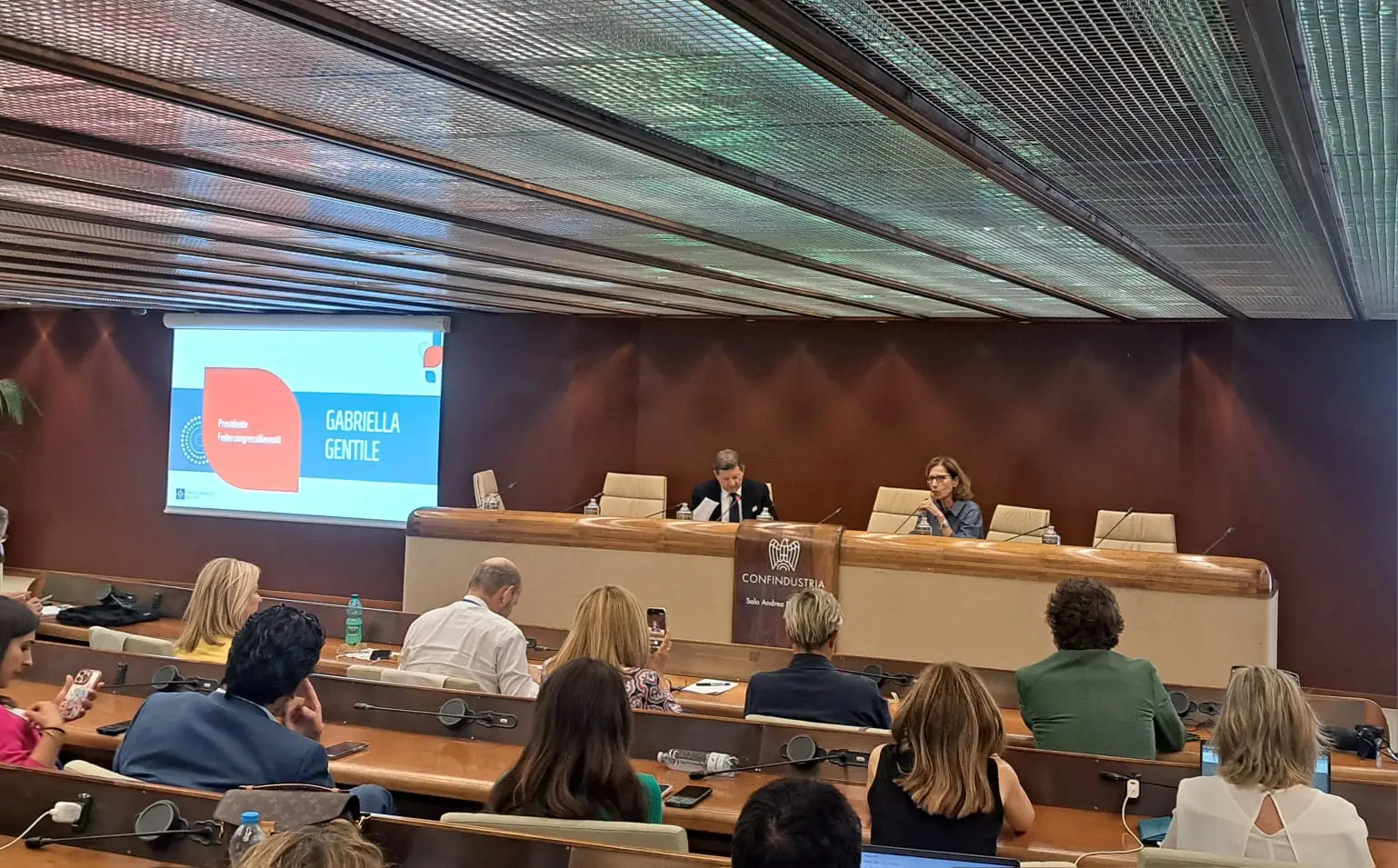 Federcongressi&eventi President Gabriella Gentile addresses delegates at the Confindustria Conference Centre in Rome during the presentation of the Italian conference tourism data for 2025.