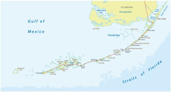 Map of the Florida Keys showing Key Largo, Islamorada, Marathon, the Lower Keys and Key West along the Overseas Highway.