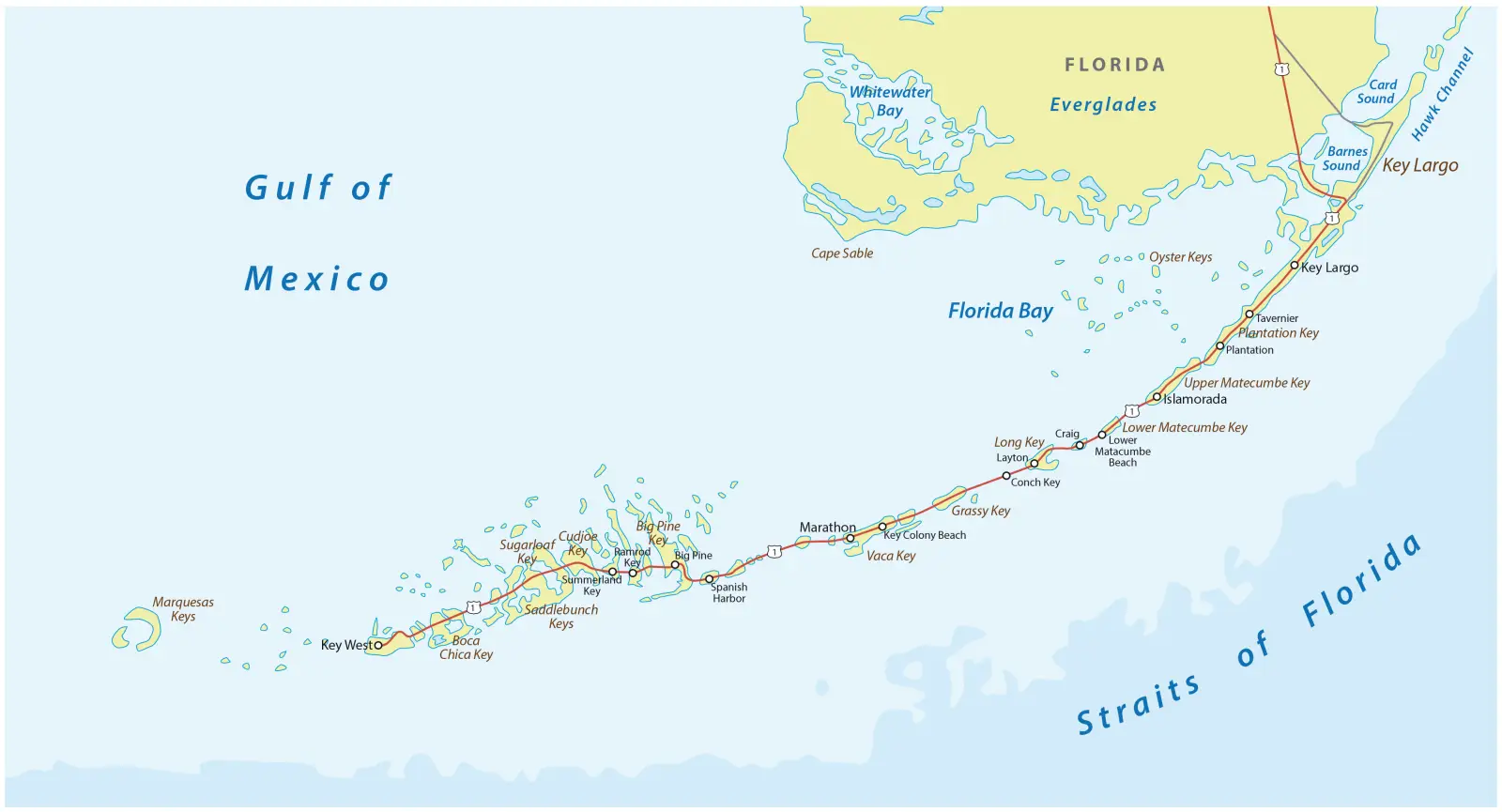 Map of the Florida Keys showing Key Largo, Islamorada, Marathon, the Lower Keys and Key West along the Overseas Highway.