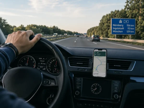 Driver using smartphone navigation on a German Autobahn, illustrating reliable eSIM connectivity for road trips in Germany.