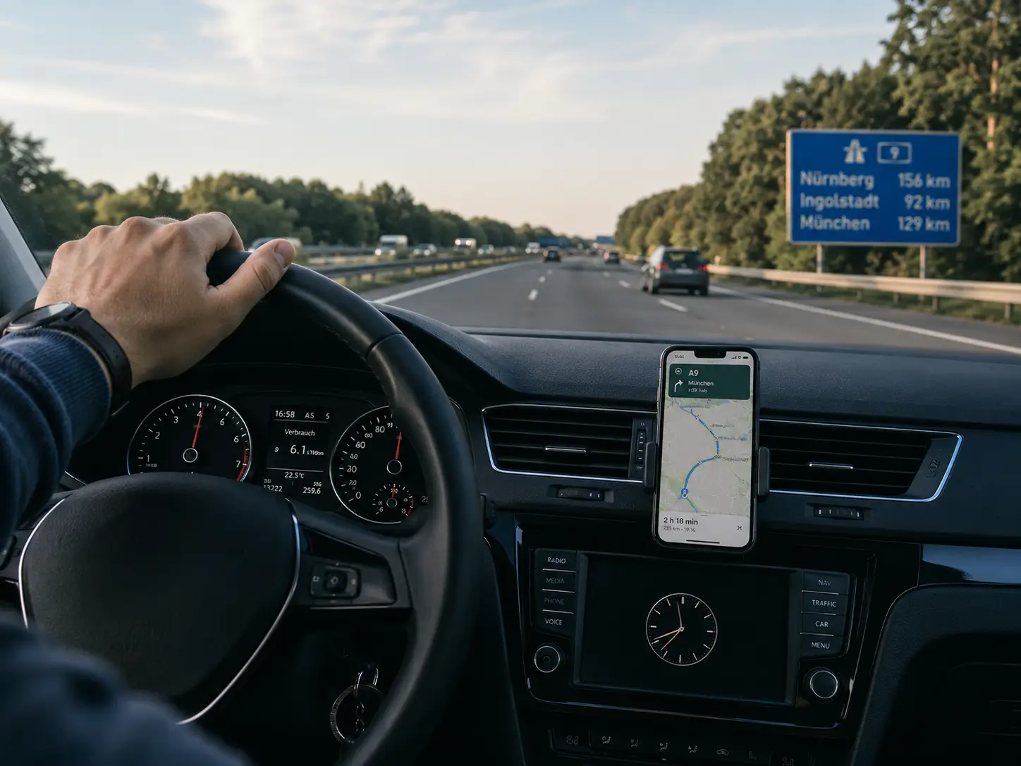 Best Esim For Germany: Reliable Data For Cities &Amp; Autobahn Travel 3 Driver using smartphone navigation on a German Autobahn, illustrating reliable eSIM connectivity for road trips in Germany.