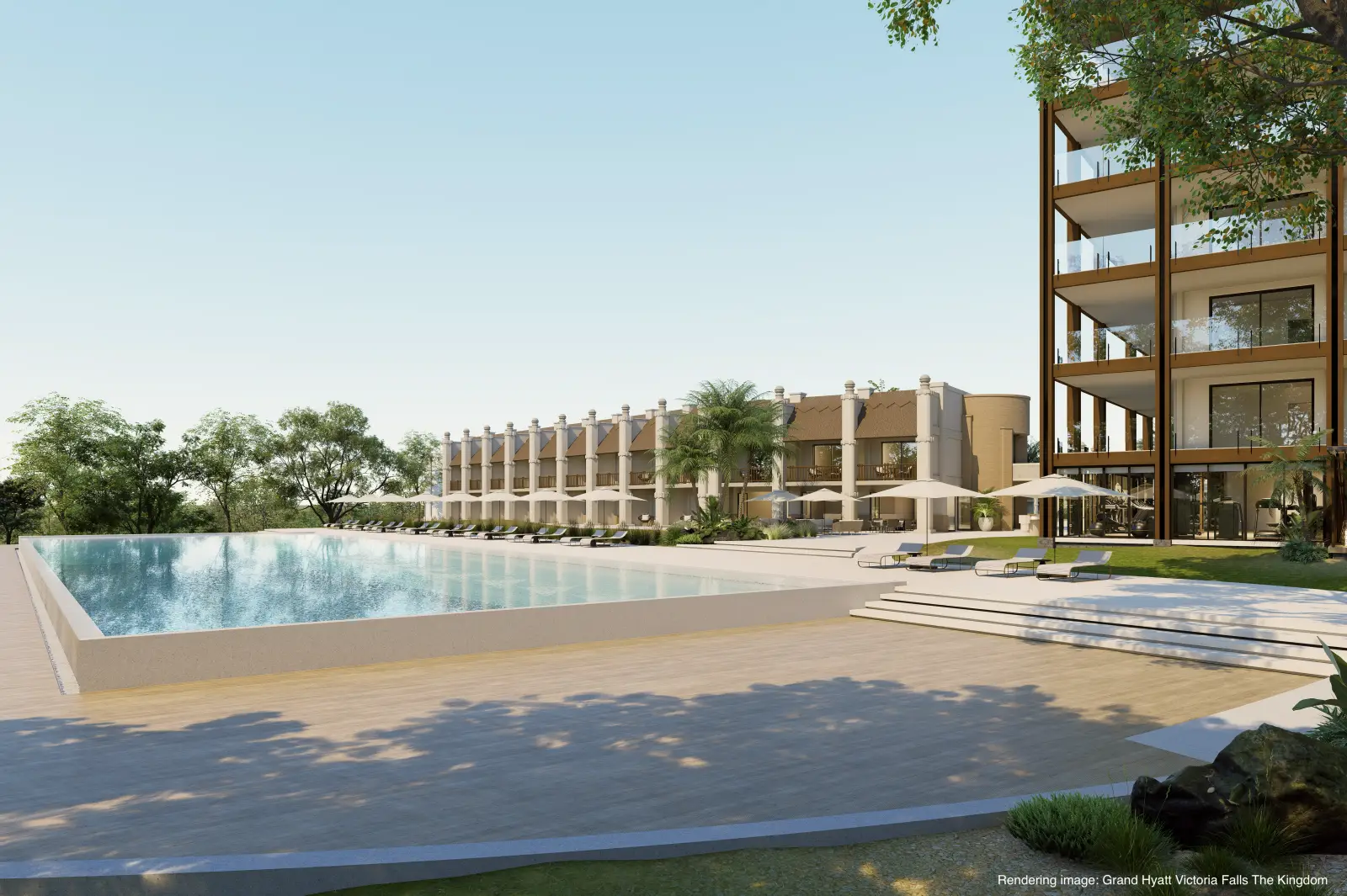 Rendering of the future Grand Hyatt Victoria Falls The Kingdom showing the outdoor swimming pool and renovated hotel buildings in Zimbabwe.