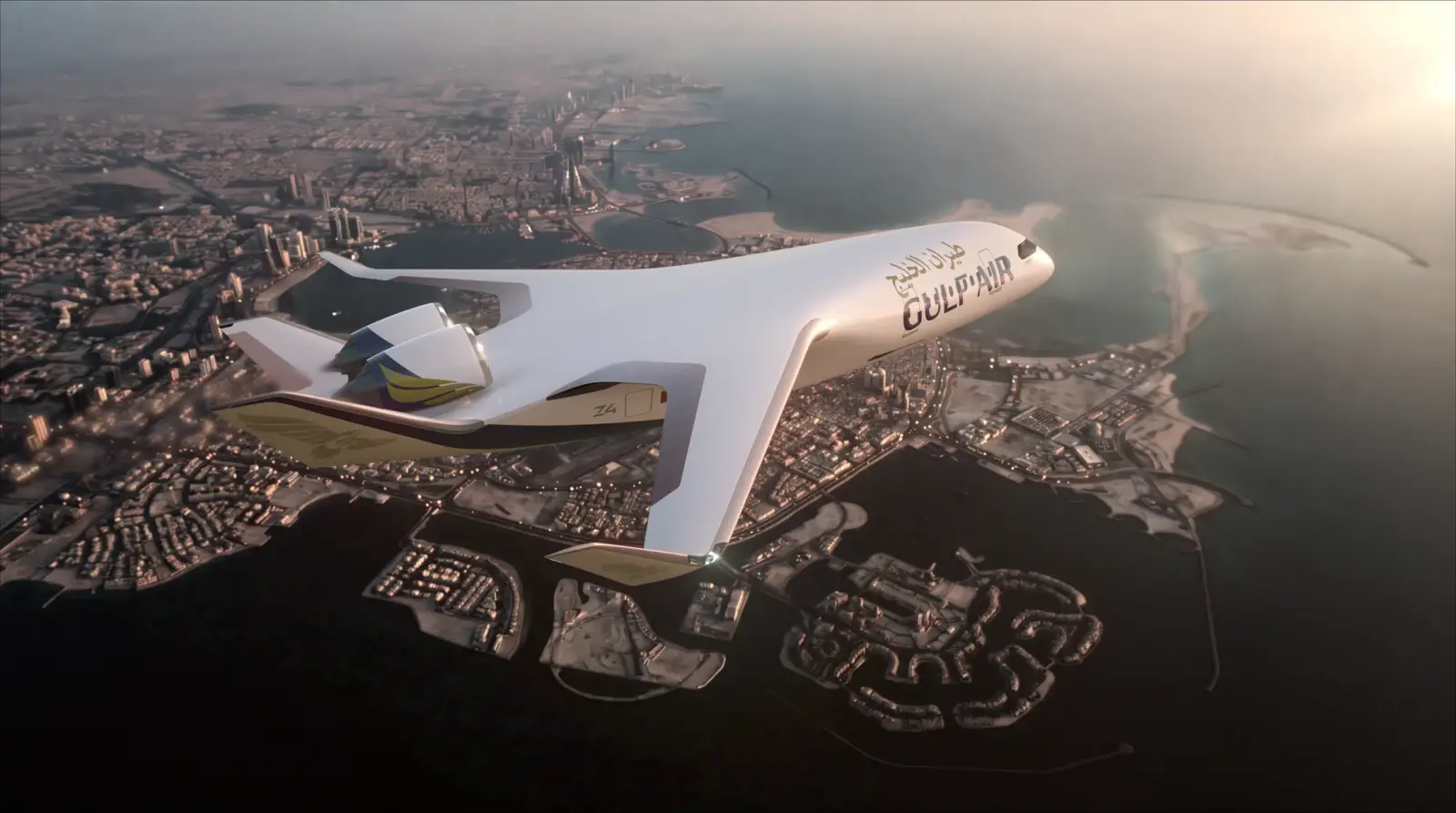 Concept rendering of a Gulf Air JetZero Z4 blended wing aircraft flying above Bahrain's coastline.