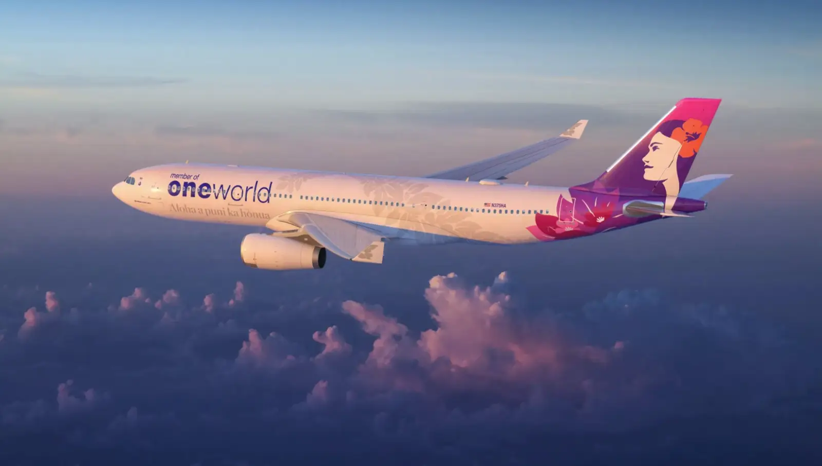 Hawaiian Airlines Unveils Oneworld Alliance Livery 3 Hawaiian Airlines Airbus A330 in special oneworld alliance livery flying above clouds at sunset.