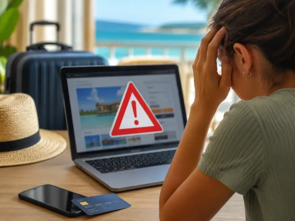 Traveller looking at a fake holiday booking website on a laptop while planning a summer trip, illustrating the growing risk of online travel scams.