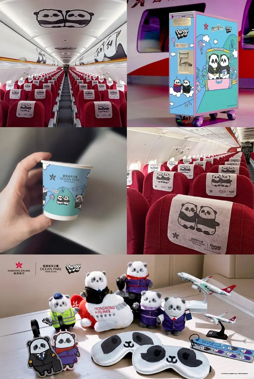 Hong Kong Airlines Unveils New Interiors And Collectibles For Panda Friends Livery Aircraft 3 Panda Friends themed cabin interior and exclusive collectibles on board Hong Kong Airlines, including seat headrest covers, drink cups, luggage cart, plush toys, eye masks and model aircraft.