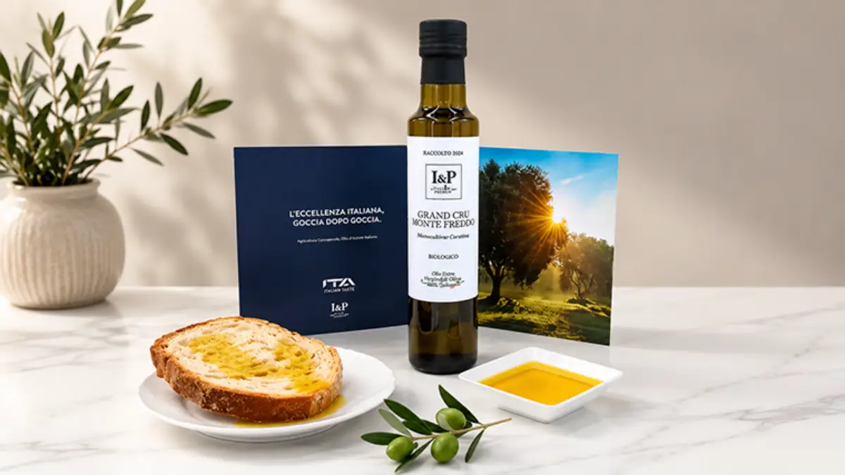 Bottle of Italian extra virgin olive oil served with bread and dipping oil as part of ITA Airways' enhanced Business Class dining experience.