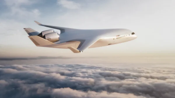 Rendering of the JetZero Z4 blended wing body aircraft flying above clouds, showing its distinctive wide, seamless fuselage-wing design and twin rear-mounted engines