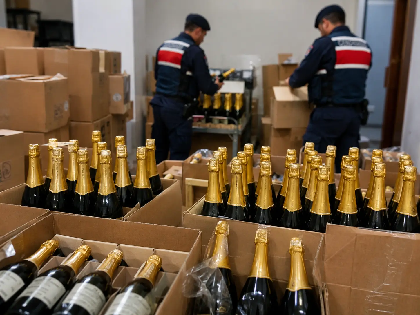 Kemer Hotel Depot Seized With 13,000 Litres Of Fake Champagne 4 Turkish gendarmerie officers inspect boxes of counterfeit champagne seized during a raid on a hotel storage room in Kemer, Antalya.
