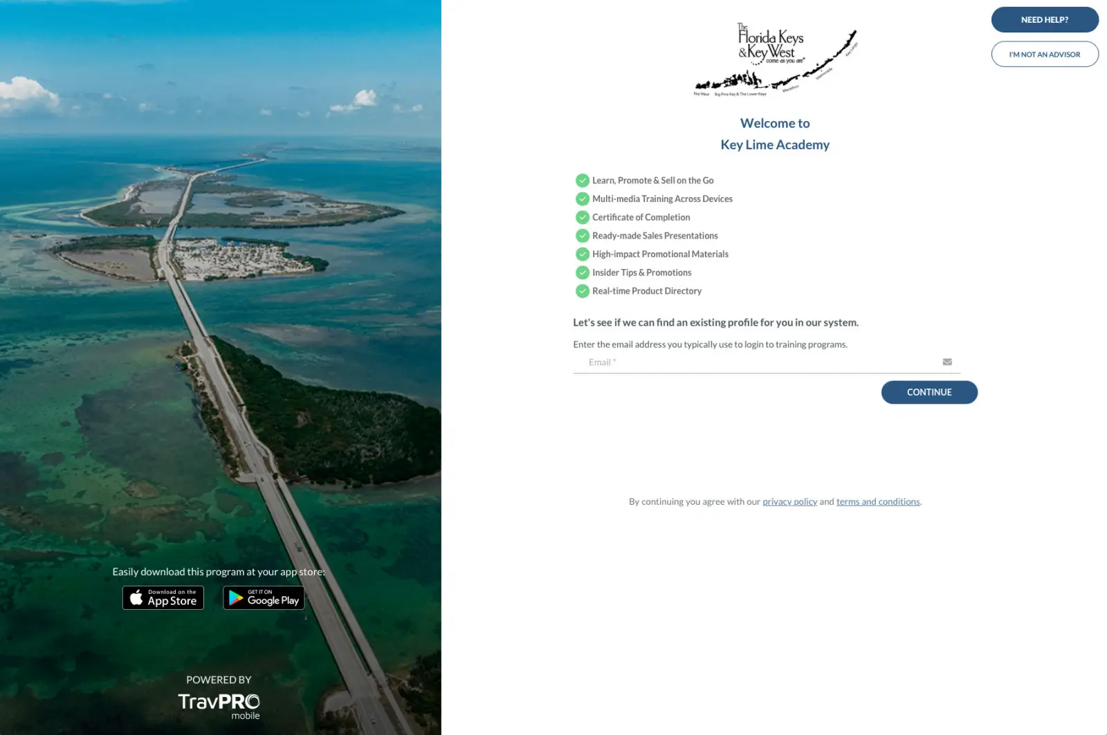 Visit Florida Keys Relaunches Key Lime Academy For Travel Advisors 3 Key Lime Academy login page featuring an aerial view of the Florida Keys and online travel advisor certification portal.