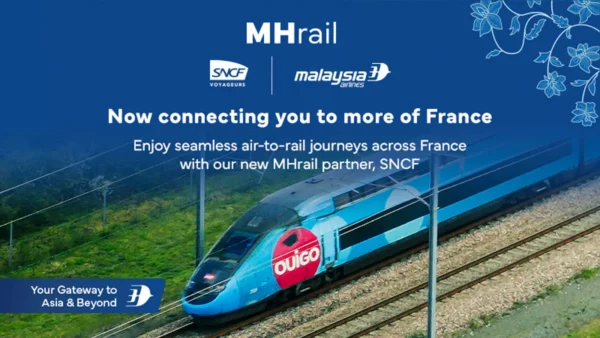 Malaysia Airlines and SNCF Voyageurs MHrail partnership featuring a high-speed OUIGO train in France.