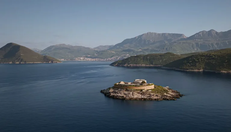 Aerial view of Mamula Island by Banyan Tree at the entrance to Montenegro's Bay of Kotor, showing the restored 19th century fortress surrounded by the Adriatic Sea and mountain landscape.