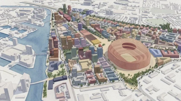 Home 12 Aerial rendering of Manchester United’s proposed stadium within the Trafford Wharfside development.