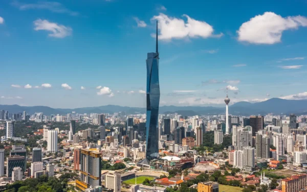 Aerial view of Merdeka 118 skyscraper towering over the Kuala Lumpur city skyline