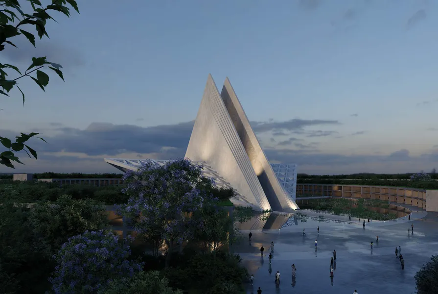 Bangkok To Feature The World’s First Sustainable Cross-River Themed Cable Car And Mona Bangkok Museum 4 Night rendering of the future MONA Bangkok museum with illuminated architecture and surrounding public plaza.
