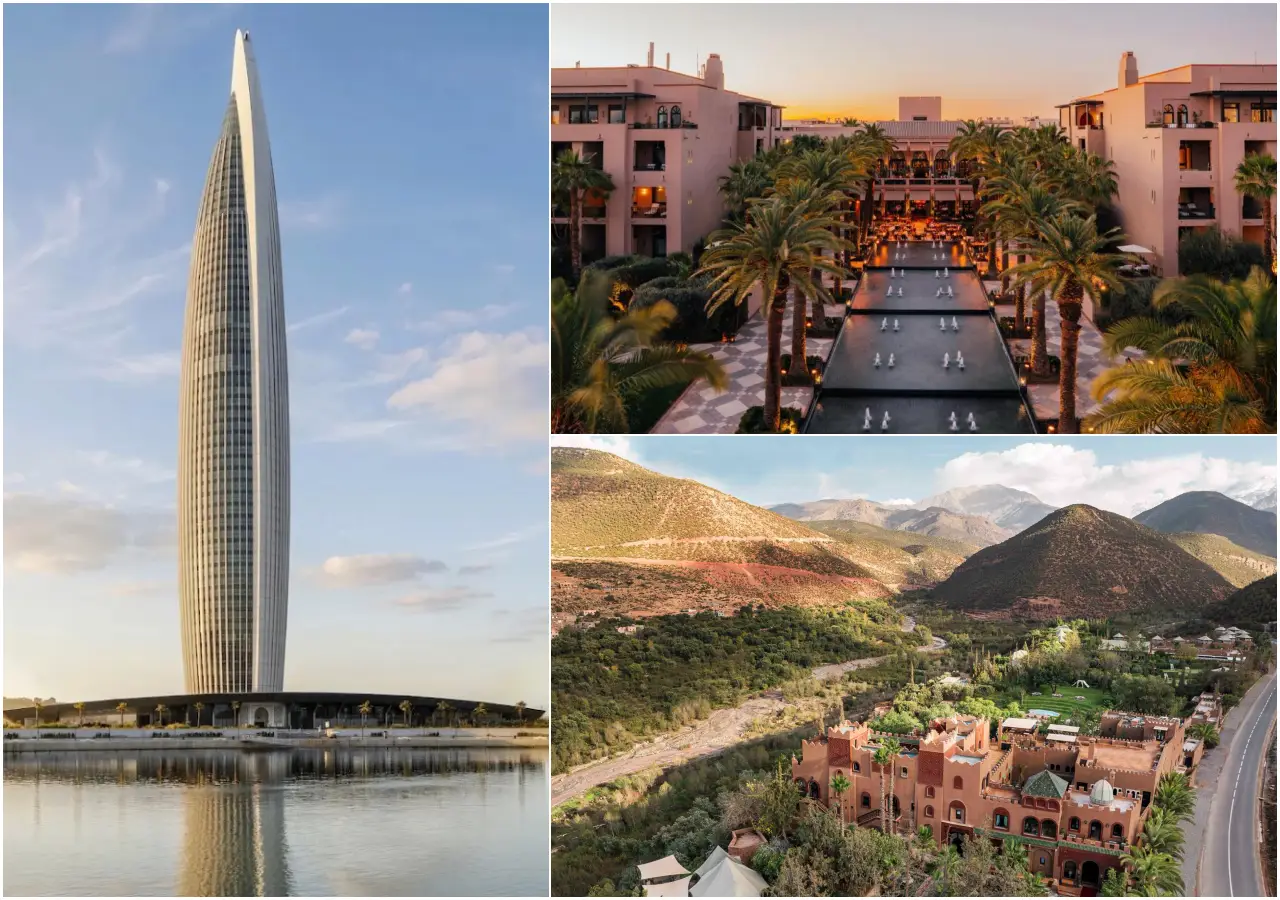 Collage showing a modern skyscraper, a luxury resort courtyard with palm trees, and a mountain lodge in Morocco, highlighting the country's tourism development.