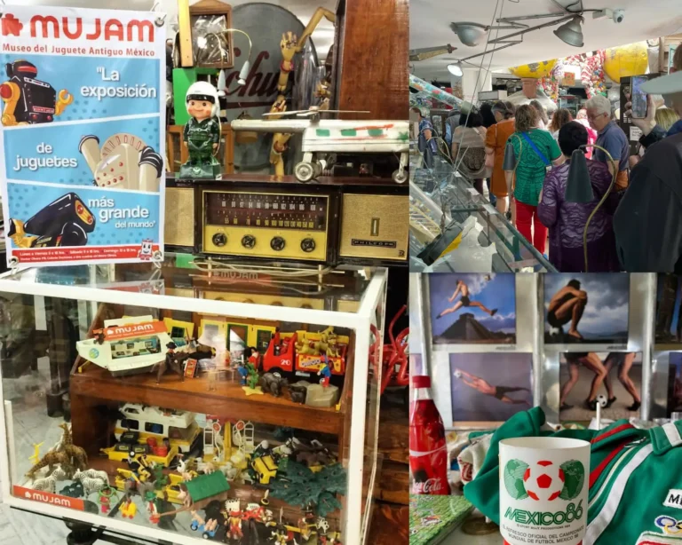 Tours 17 Collage of exhibits and visitors inside MUJAM, the Museo del Juguete Antiguo México, showcasing vintage toys, memorabilia and nostalgic collections.