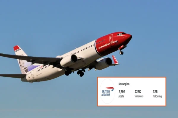 Norwegian aircraft taking off beside its Instagram profile displaying the British Airways logo.
