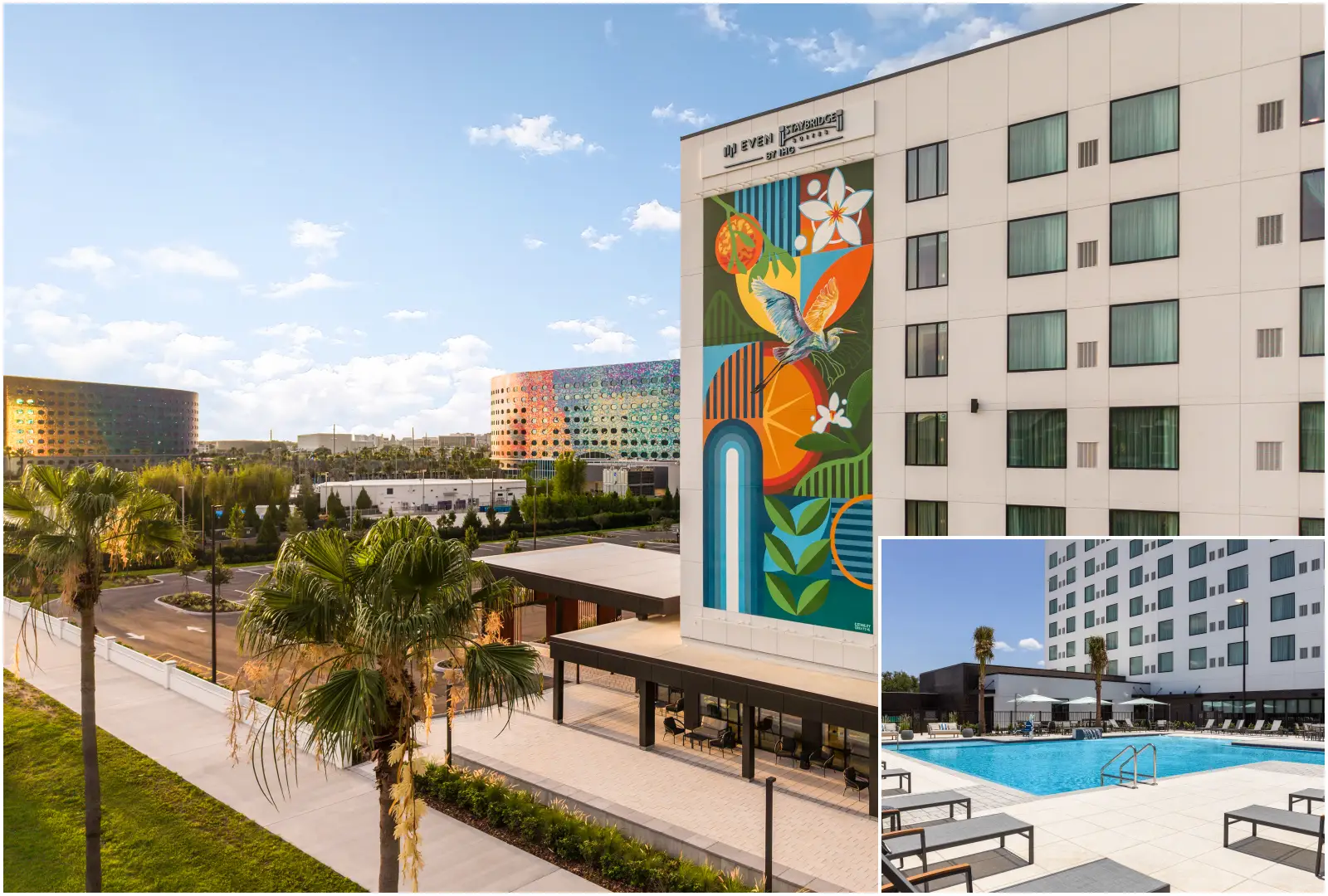 Exterior view of the dual-branded EVEN Hotel and Staybridge Suites by IHG in Orlando, featuring colorful mural artwork and the outdoor resort-style swimming pool.