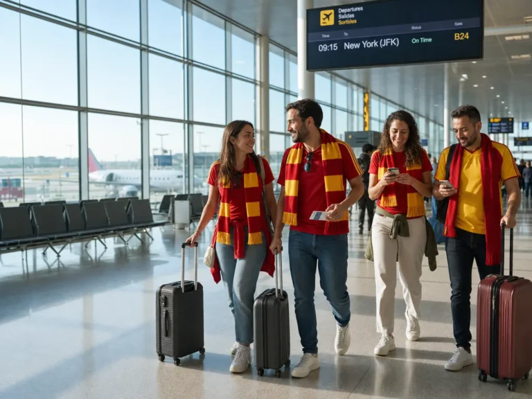 Spanish football fans with luggage walk through Barcelona airport beneath a departures board showing a flight to New York.