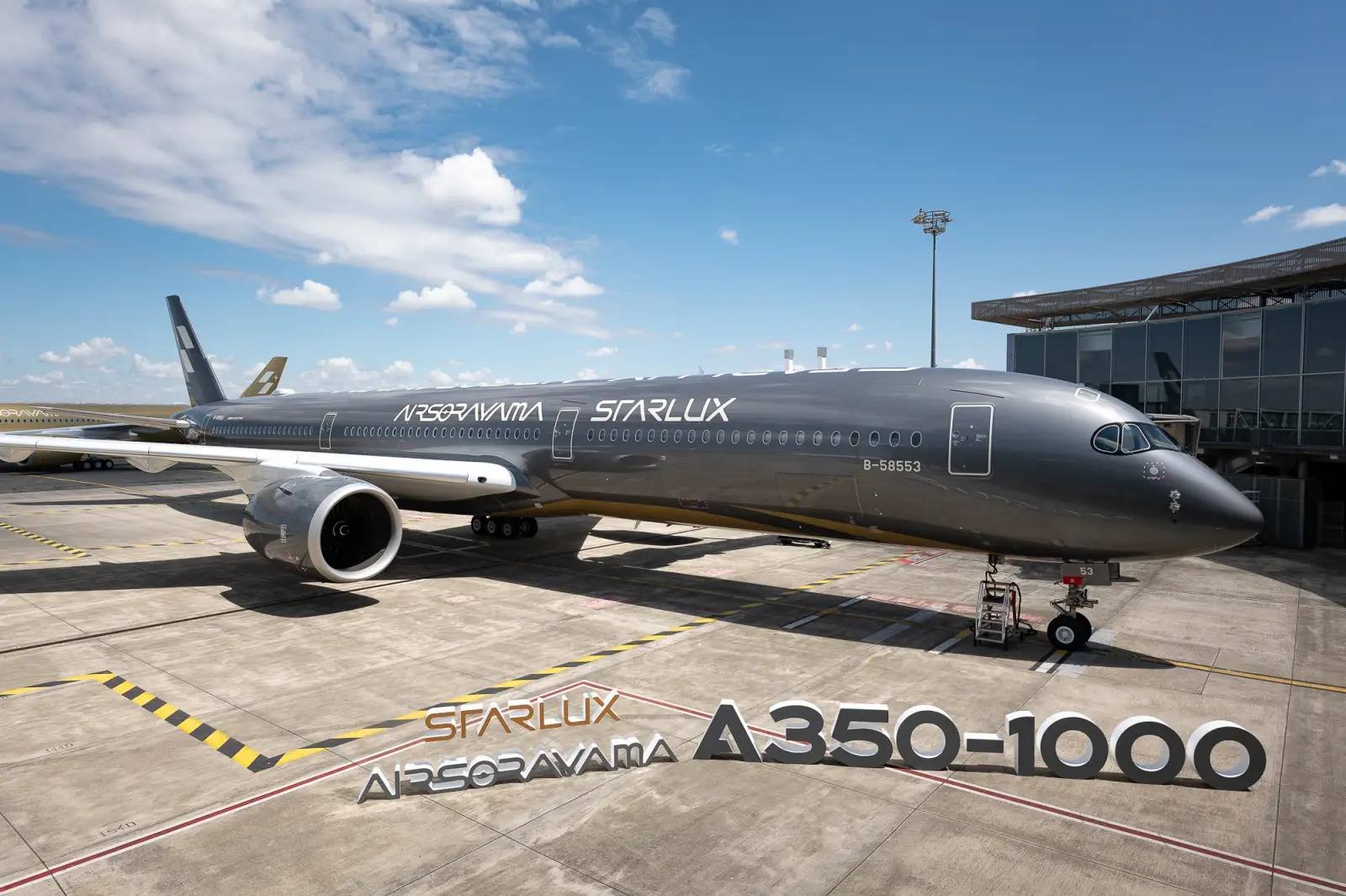 STARLUX AIRSORAYAMA Silver Airbus A350-1000 displayed at the Airbus Delivery Center in Toulouse before its maiden flight to Taipei.