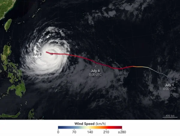 News 37 Satellite image showing the track and intensity of Super Typhoon Bavi across the western Pacific toward Taiwan and eastern China.