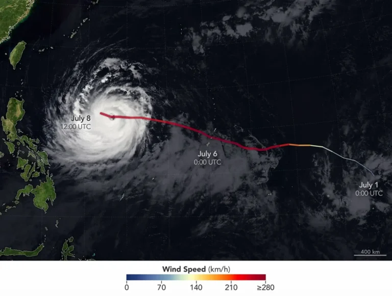 Satellite image showing the track and intensity of Super Typhoon Bavi across the western Pacific toward Taiwan and eastern China.