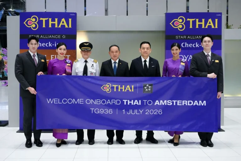 Thai Airways executives and cabin crew mark the launch of the resumed non-stop Bangkok to Amsterdam service at Suvarnabhumi Airport on 1 July 2026.