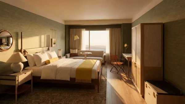 News 31 Guest room at The Harborvale Autograph Collection in Burlington, Vermont, featuring modern furnishings, a king bed and views toward Lake Champlain.