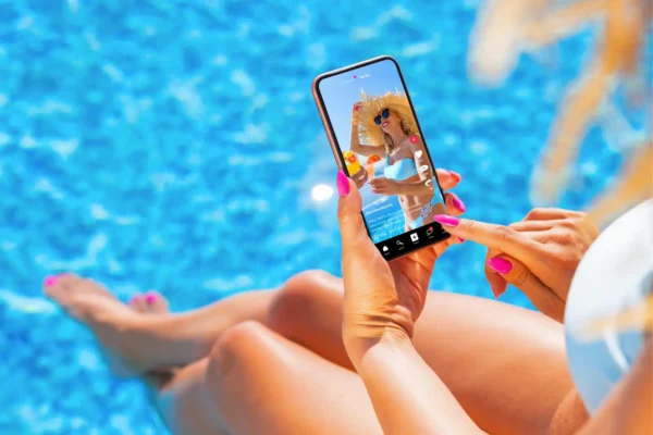Home 4 A traveler browses TikTok travel videos on a smartphone by a swimming pool while planning a holiday.
