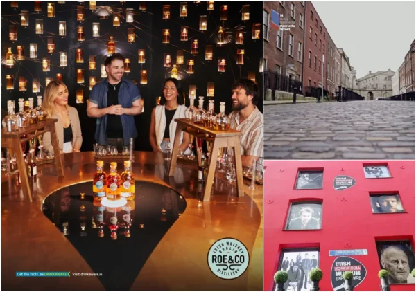 Collage of 3 images showing, Roe Co Distillery, 14 Henrietta Street, and 14 Henrietta Street.