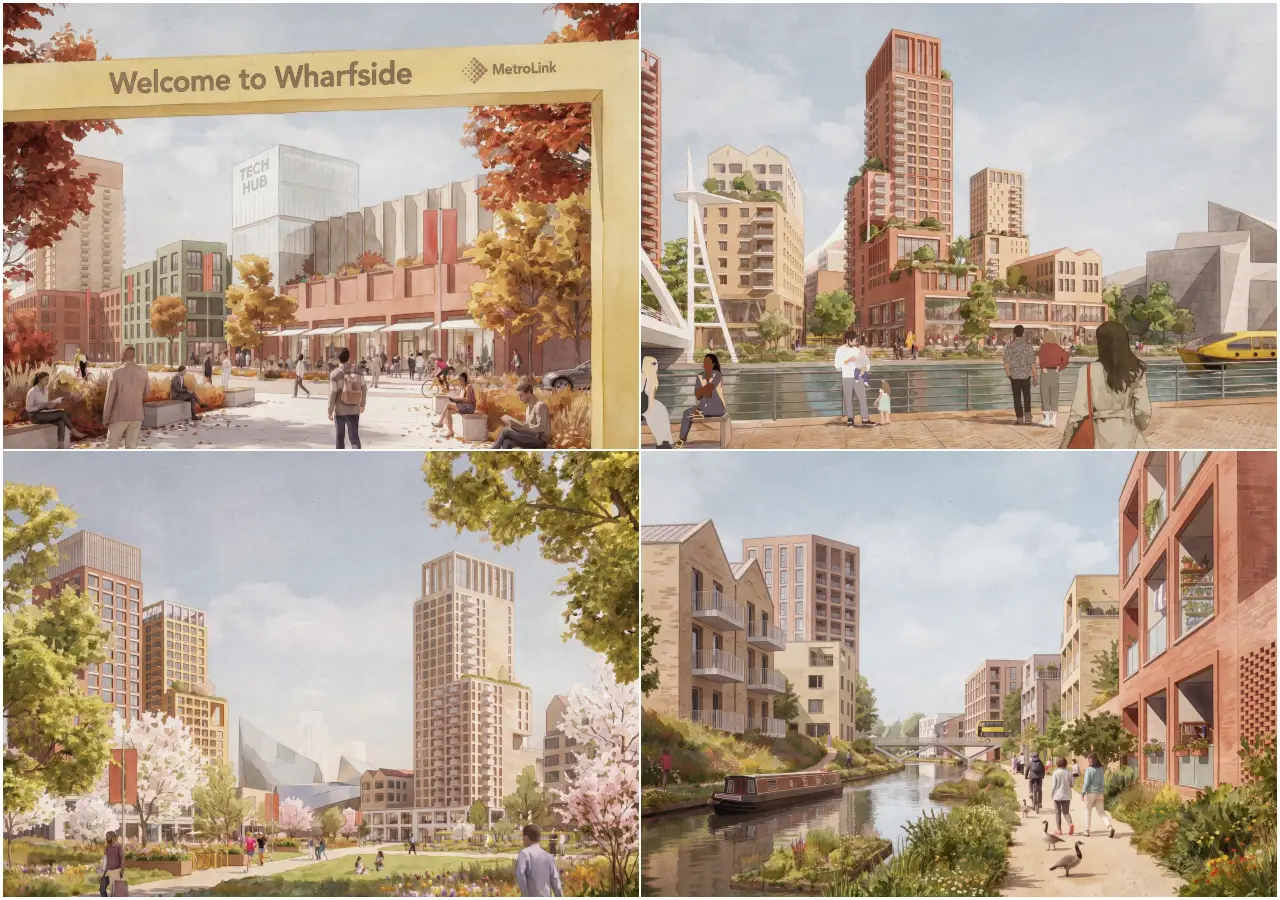 Manchester United Reveals Proposed Location For New 100,000-Seater Stadium Near Old Trafford 4 Collage of Trafford Wharfside renderings showing streets, waterfront towers, parks and canal-side homes.