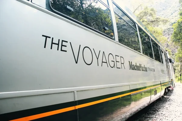 Side view of The Voyager Inca Rail train parked near Machu Picchu, Peru