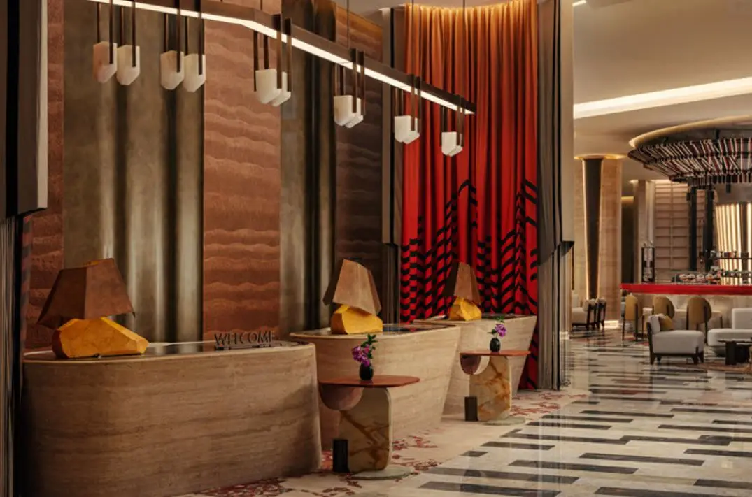 W Hotels Makes Its Debut In Saudi Arabia With The Opening Of W Riyadh 3 Reception area at W Riyadh KAFD featuring contemporary interiors inspired by Saudi heritage.