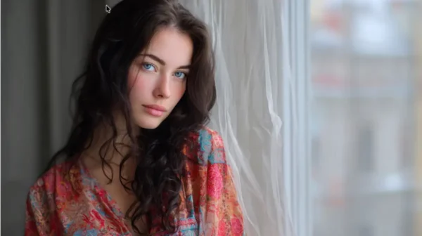 Home 6 Portrait of a young woman with blue eyes and dark hair standing beside a window in soft natural light.